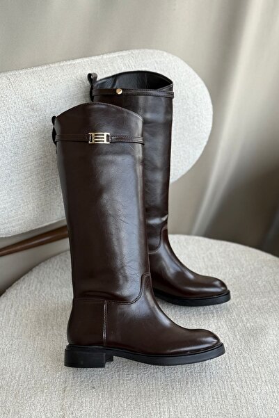 MODAADAM Γυναικείες μπότες με αγκράφα με επίπεδη σόλα Nantes - Καφέ-Λουστρίνι