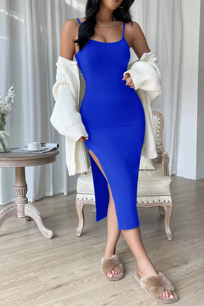 CATHECAT Rochie albastră cu fantă care îmbrățișează corpul sub genunchi