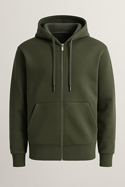 Valiberta Plush Inside Three Thread Fabric Ov Oversized Ermuarlı Ka Hooded Weatshirt - Pine Green