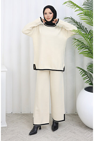 sefamerve Beige knitwear slit detailed sweater pants double set 0011-07