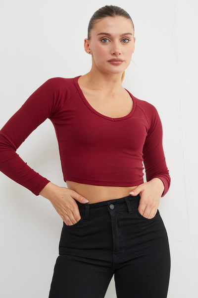 Fulla Moda V-Neck Long Sleeve Crop Blouse