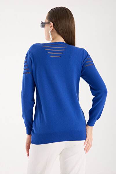 Clothes Fast Women's Cobalt Blue Silvery Fabric Detailed V-Neck Knitwear Blouse