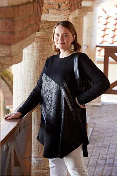 QUAWEAR Crew Neck Varak Printed Stone Detailed Asymmetrical Cut Combed Cotton Fabric Tunic