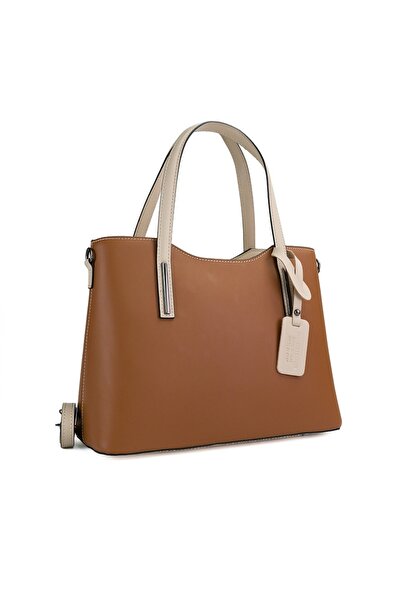 Posete Fagaras Daniela Leather Purse - Cognac - Beige, 2 Compartments, 5 Pockets, Non-Adjustable Strap 104 cm