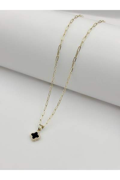 DİAMİNE PIRLANTA 14 Ayar Altın Ataç Zincir Siyah Taşlı Yonca Kolye