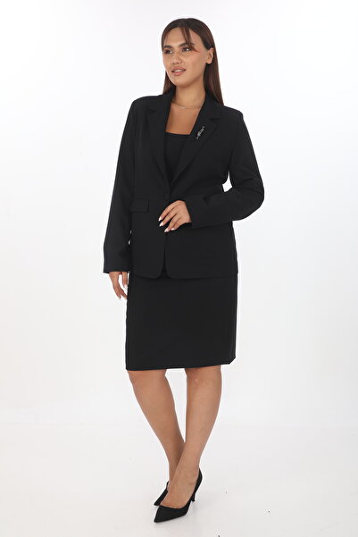EXİTLİNE Women's Classic Black Suit with Pockets, Brooch, Lining, Comfortable Fabric Skirt and Jacket