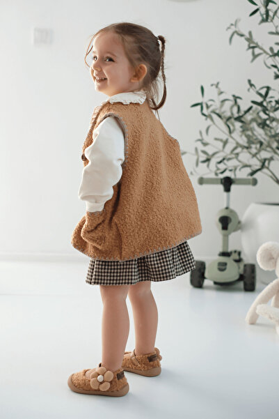 Mumenim Plush Textured Cotton Unisex Baby Tan Vest |   Warm, Buttoned Casual & Stylish Winter Children's Vest