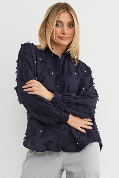 Fulla Moda Taş işlemeli Püsküllü Arkası Uzun Salaş Gömlek