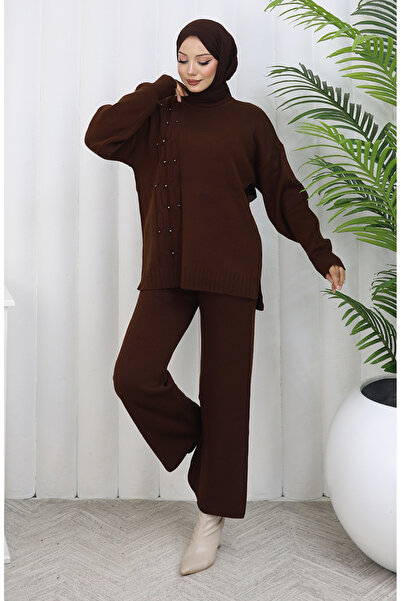 sefamerve Knitted stone detailed sweater pants double set 0014-04 brown