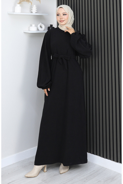 sefamerve Belted Dress with Elasticated Sleeves 2161-07 Black