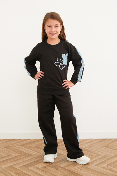 Fulla Moda Flower Embroidered Girl's Suit with Sequins on the Sides