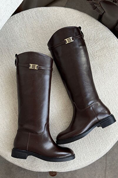 GOFFSHOES Women's Nantes Flat Bottom Buckle Boots - Brown-Patent Leather