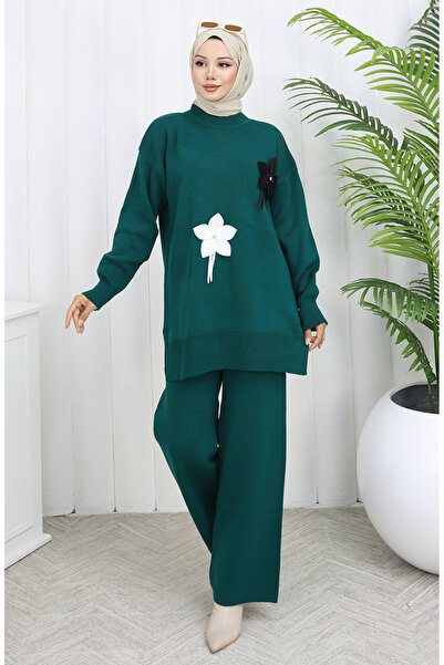 sefamerve Knitwear Floral Tunic Trousers Double Set 1077-07 Petrol