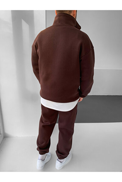 NO1 KONSEPT Кафяв 3-нишкови шерпа комплект от горна и долна част на спортен екип