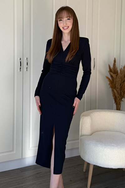 Dilay Gökoğlu Butik Спідниця з драпіруванням, розрізом спереду, середньої довжини, темно-синя сукня