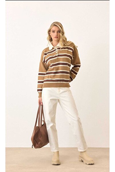 aytenli Polo Collar Half Button Closure Fits up to Size S XL Standard Size Striped Knitwear Sweater