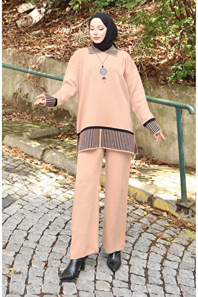 sefamerve Knitwear Stripe Detailed Tunic Trousers Double Set 1066-07 Milky Coffee