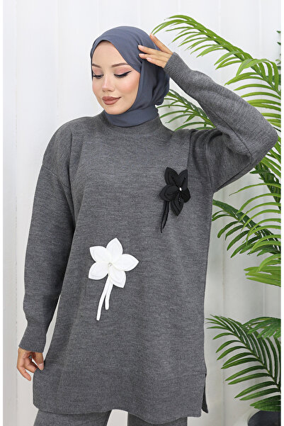 sefamerve Knitwear Floral Tunic Trousers Double Set 1077-04 Gray