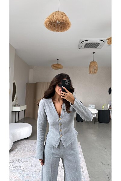 Buket Teke Light Gray Thessaloniki Knitwear Zr Model Cardigan Pants Set