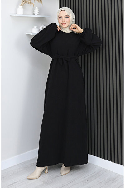 sefamerve Belted Dress with Elasticated Sleeves 2161-07 Black
