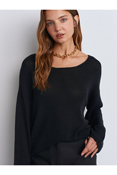 Dilvin 10706 Oval Neck Draped Sweater-Black