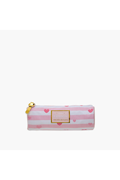 Juniors Striped Heart Print Pencil Pouch with Zip Closure