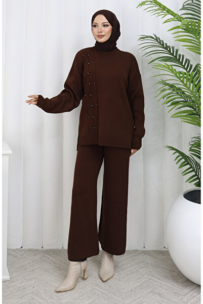 sefamerve Knitted stone detailed sweater pants double set 0014-04 brown
