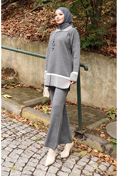 sefamerve Knitted striped detail tunic and pants two-piece set 1066-06 grey