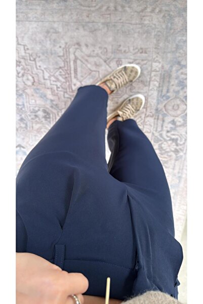 Buket Teke Navy Blue Ankle-Length Fabric Pants