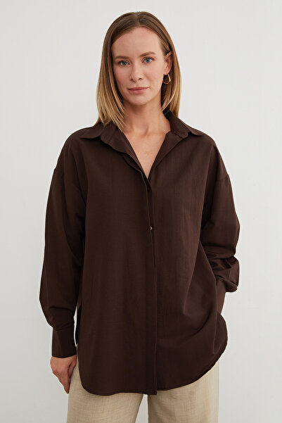 Fulla Moda Basic Yırtmaçlı Oversize Gömlek