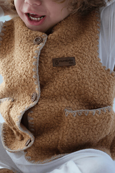 Mumenim Plush Textured Cotton Unisex Baby Tan Vest |   Warm, Buttoned Casual & Stylish Winter Children's Vest
