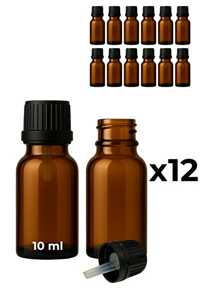 Seray Cam 12 زجاجة سيروم زجاجية كهرمانية اللون سعة 10 مل + غطاء أسود مع قطارة...