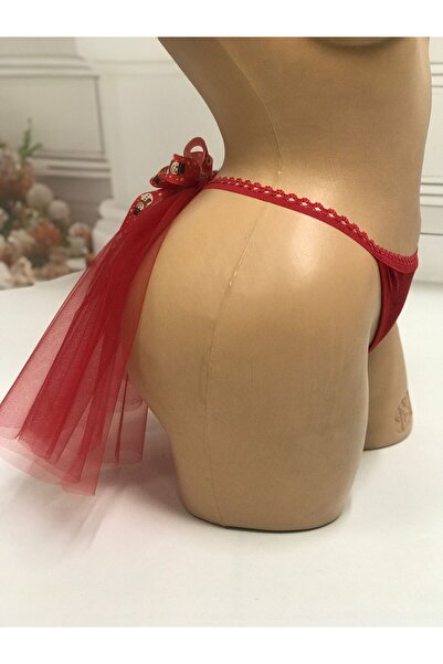 NSMLİFE Christmas, New Year, Red Velvet Thong with Tulle Back and Snowman Ribbon Detail, String Model