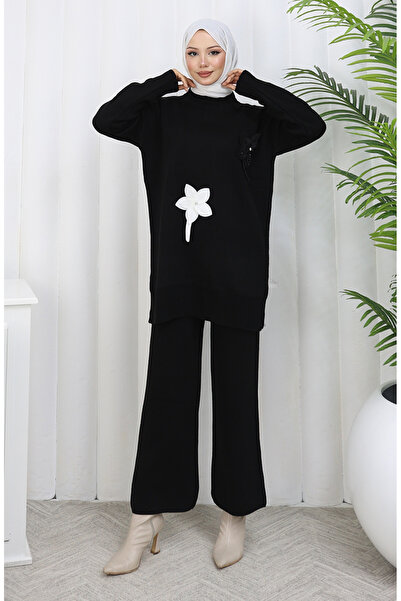 sefamerve Πλεκτά Παντελόνια Τουνίκ Λουλούδια Διπλό Σετ 1077-02 Μαύρο