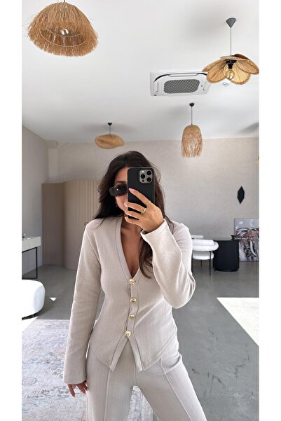 Buket Teke Bézs színű Selanik Triko ZR modell Kardigán nadrág szett