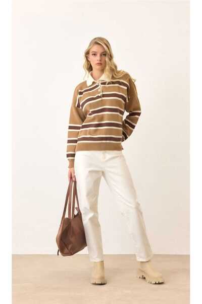 aytenli Polo Collar Half Button Closure Fits up to Size S XL Standard Size Striped Knitwear Sweater