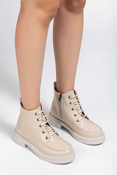 Budi 02-2001 Beige Wrinkled Patent Leather Lace-Up Zippered Casual Women's Boots