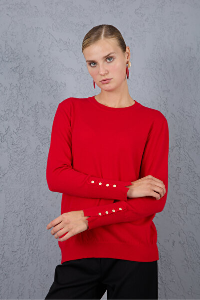 Moda Days Snap Fastener Sleeves Crew Neck Knitwear Blouse