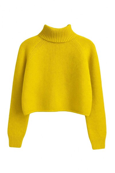 Mixray 6854 Women's Mock Neck Whole Crop Knitwear Sweater Mustard