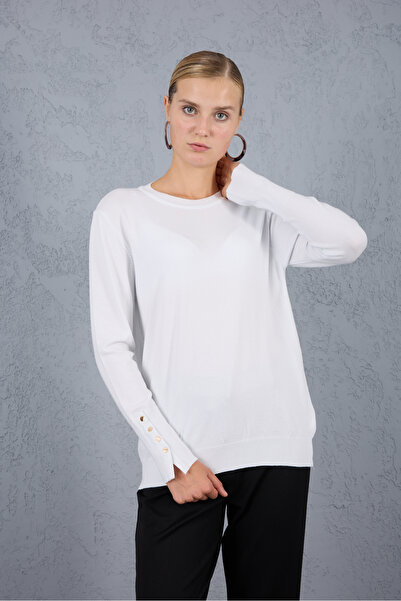 Moda Days Women's White Snap Sleeve Crew Neck Knitwear Blouse