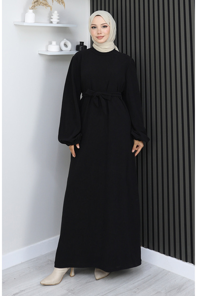 sefamerve Belted Dress with Elasticated Sleeves 2161-07 Black