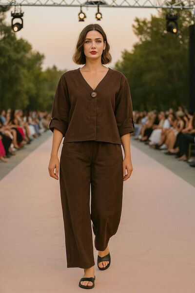 AGORATEKSTİL Women's New Season Chenille Velvet Fabric Suit Pants and Blouse