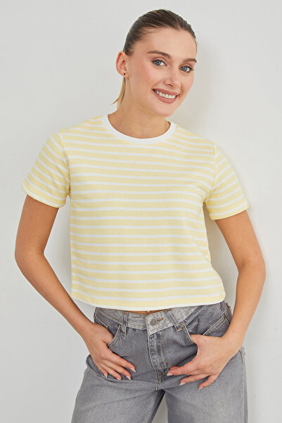Fulla Moda Striped Crew Neck Transitional Crop T-Shirt