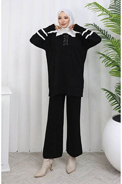sefamerve Knitwear Collar Detailed Tunic Trousers Double Suit 1002-01 Black