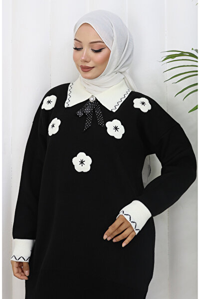 sefamerve Knitted floral appliqué tunic and pants two-piece set 1113-04 black