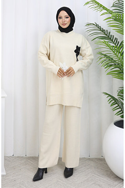 sefamerve Knitted floral tunic and pants two-piece set 1077-01 beige