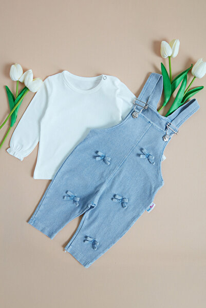 Fulla Moda 100% Cotton Ribbon Detailed Denim Baby Girl Salopet Set