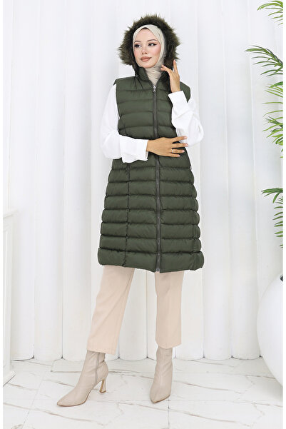 sefamerve Hooded Zippered Puffer Vest 0169A-01 Khaki