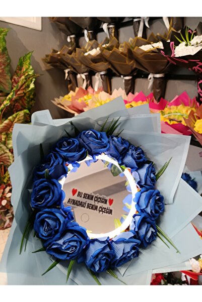 Meryem Nisa Çiçekçilik Hayalince Kişiye Özel Solmayan Mavi 3 Farklı Renk Aynalı Gül Buketi