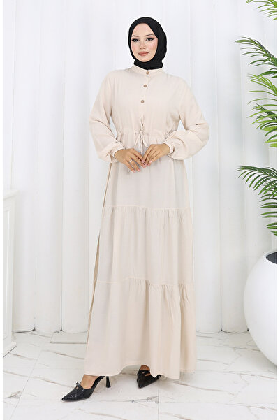 sefamerve Viscose Fabric Half Button Dress 0085-19 Beige